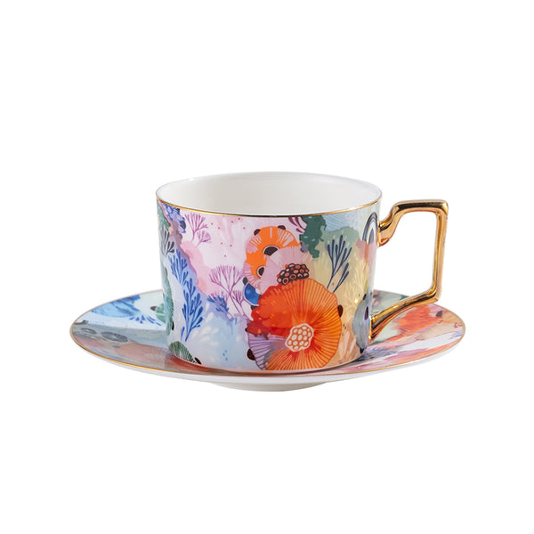 Amieenor Fine bone china tea cup and saucer set 250ml-Secret coral land