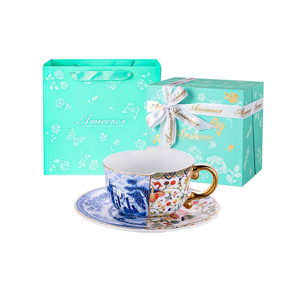 Amieenor 220 ml Bone China Tea Cup & Saucer Set of 2 | 24K Gold Hand Painted Handle | Gift Box
