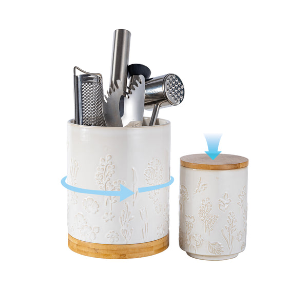 Amieenor Ceramic Utensil Holder Set 2-Pack – Farmhouse 7.7"+5.7" Crocks