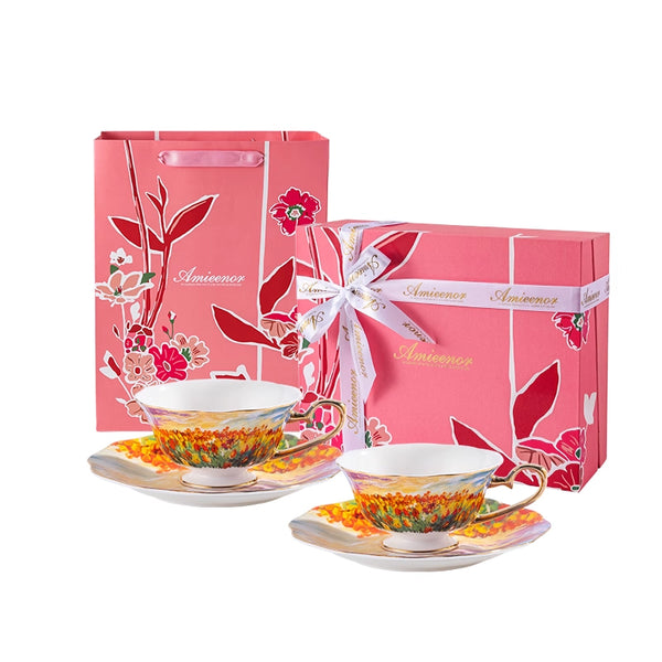 Amieenor French Painter’s Tribute │ 160 ml Bone China Cup & Saucer with 24K Gold Handle, Tulip Garden Gift Box