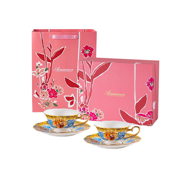 Amieenor Fine Bone-China Tea Cup&Saucer Set – 160 ml, 24K Gold Handle,Sevilla
