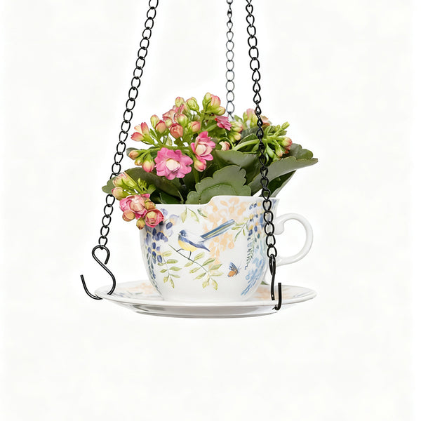 Amieenor 6.3" Ceramic Hanging Planter with Chain – Cup-Shaped Indoor/Outdoor Pot & Candle Holder