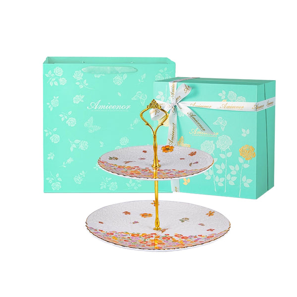 Amieenor Luxury 2-Tier Cake Stand Gift Set – 24K Gold Rim, 3 Themes, Gift Bag