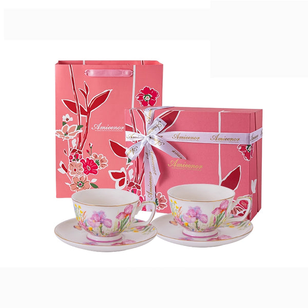 Amieenor - SWEET SPRING Fine-Porcelain Coffee-Cup Set of 2 + Saucers – 24K Gold Rim, Gift-Ready Box & Bag
