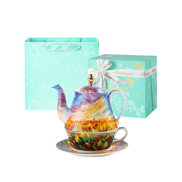 Amieenor Bone-China Tea for One Set | Gold-Trim Afternoon Tea Gift | Housewarming & Anniversary |