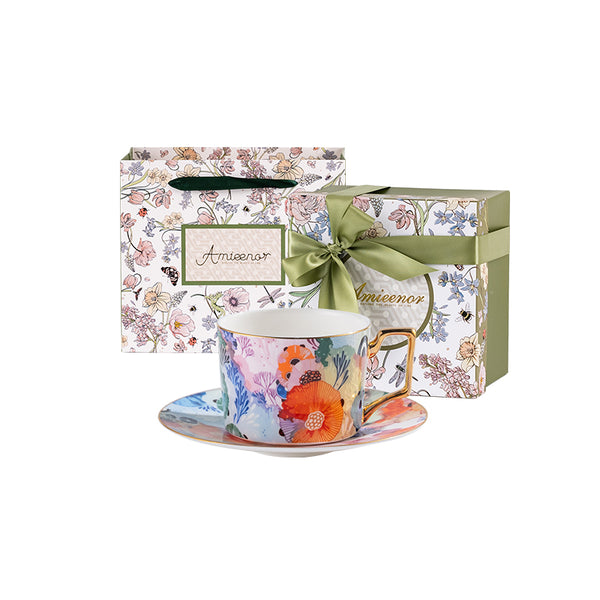 Amieenor Fine bone china tea cup and saucer set 250ml-Secret coral land