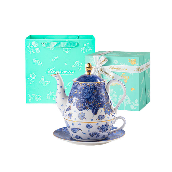 Amieenor “Blue Luxe "Gold-Rim Bone-China Tea-for-One Set, Luxury Gift Set