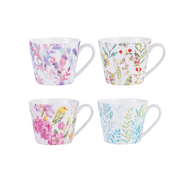 Coffee Mugs Set of 4 – 15.2 oz (450 ml) Large Bone China Mugs, Flowers & Birds Design
