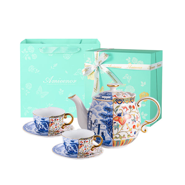 Amieenor Limited 4-Design Bone China Tea Set │ 850 ml East-Meets-West Teapot & 2 Cups/Saucers with 24K Gold Rim, Luxury Gift Box
