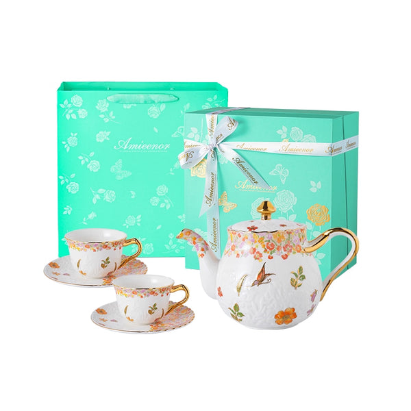 Amieenor Teapot Set Gift Set – 24K Gold Rim and Handle, Reinforced Porcelain, Gift Bag