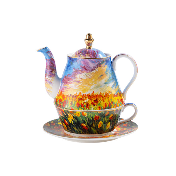 Amieenor Bone China Tulip Style Tea for One Teapot Cup and Saucer Set