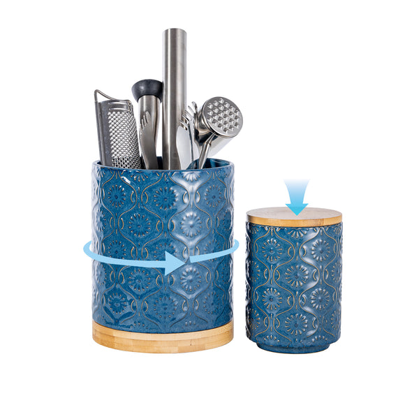 Amieenor Ceramic Utensil Holder Set 2 – Rotating Farmhouse Crock + Airtight Jar