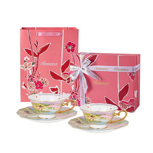 Amieenor Watercolor “Wilderness” │160ml Gold-Handle Bone China cup and saucer , Luxury Gift Set