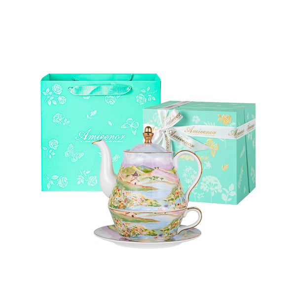 Amieenor Watercolor “Wilderness” │Gold-Rim Bone China Tea For One Set, Luxury Gift Set