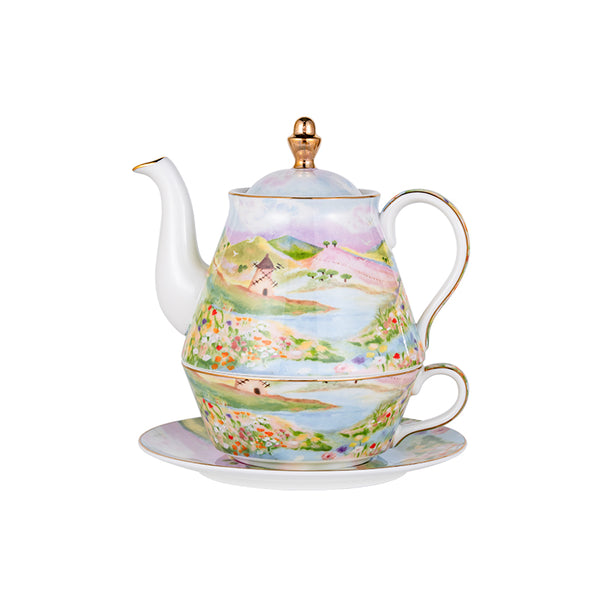 Amieenor Watercolor “Wilderness” │Gold-Rim Bone China Tea For One Set, Luxury Gift Set